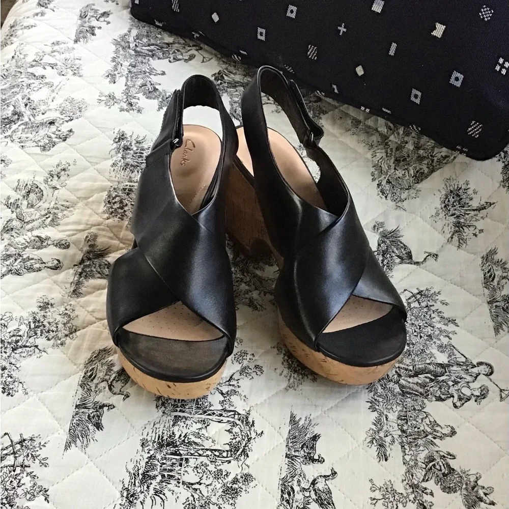 Clarks Black Leather Cross‑Strap Cork Wedge Sandals